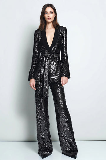 Sequined Black 2-Piece Women Prom Suits With Sash